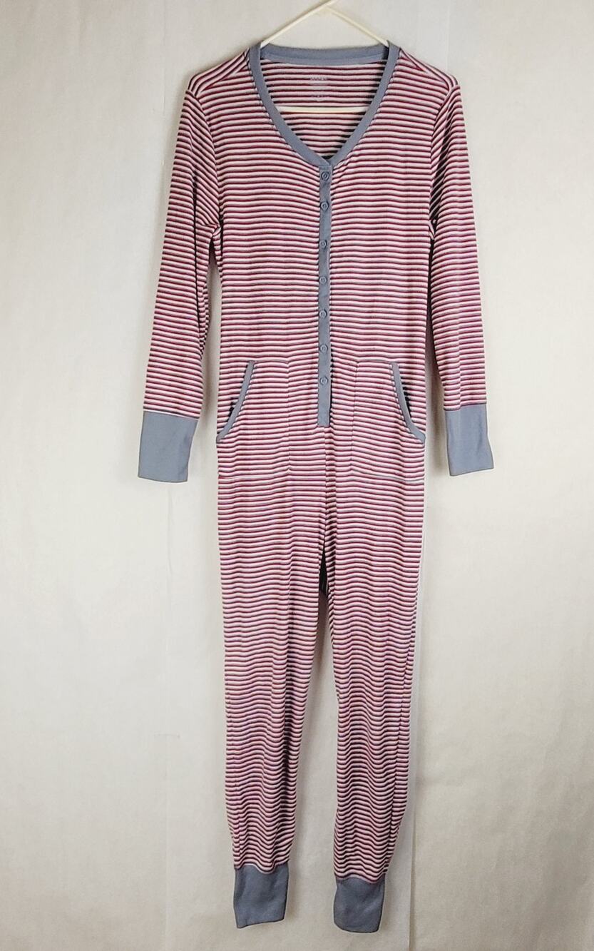 Jockey red grey striped easy open back waffle knit one piece pajama Size Medium